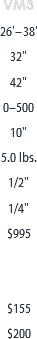 VM3
26'– 38'
32"
42"
0–500
10"
5.0 lbs.
1/2"
1/4"
$995 $155
$200

