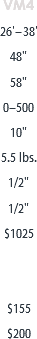 VM4
26'– 38'
48"
58"
0–500
10"
5.5 lbs.
1/2"
1/2"
$1025 $155
$200
